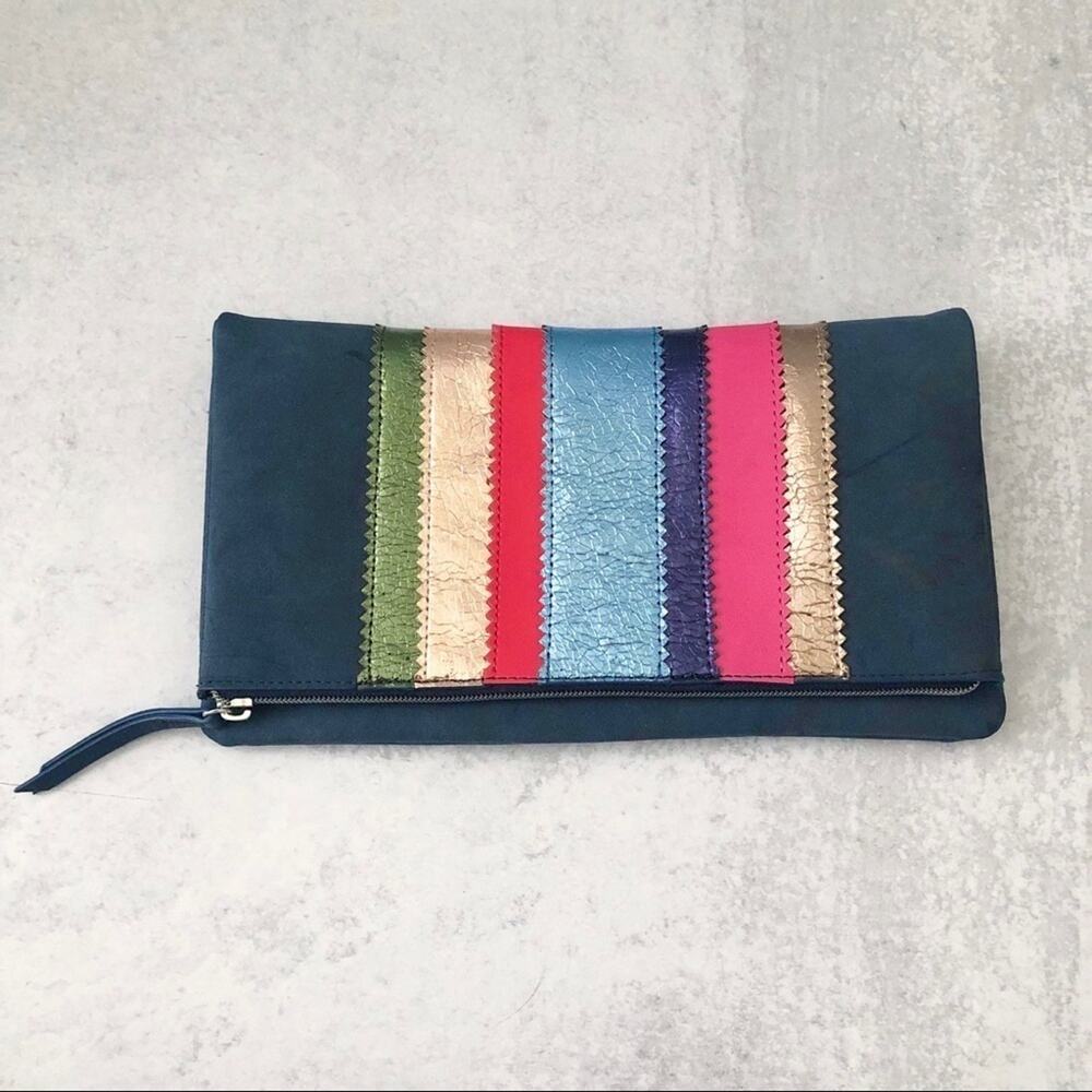 Stella & Dot Navy Blue Metallic Stripes Fold Over Clutch NEW
